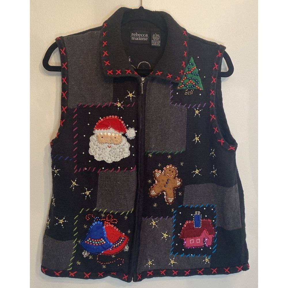 Rebecca‎ Malone Christmas Embellish Embroidered Sweater Vest Black Sz L VINTAGE
